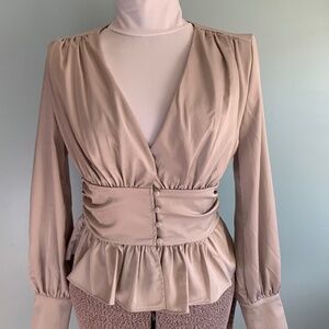 Jason Wu Women’s Small Satin Peplum Hem Button Waist  Blouse Greige FLAWS